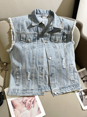 Light Blue Denim Vest Loose Flocked Bears Sense Small Coat