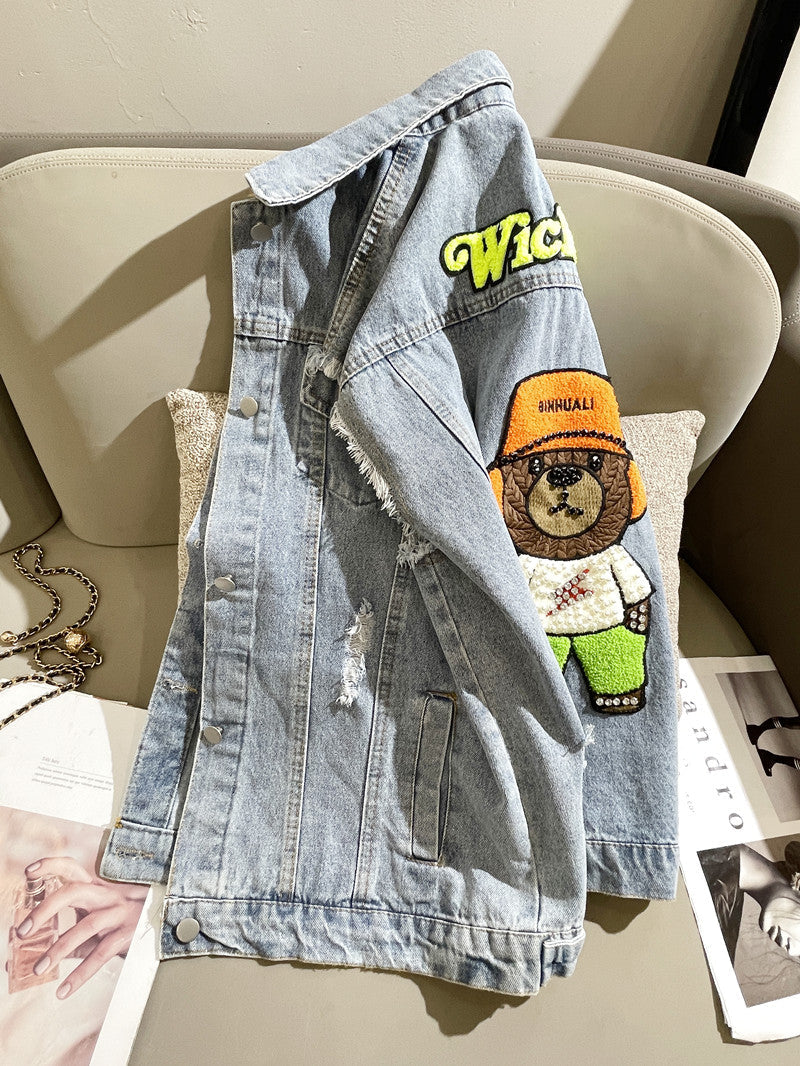 Light Blue Denim Vest Loose Flocked Bears Sense Small Coat