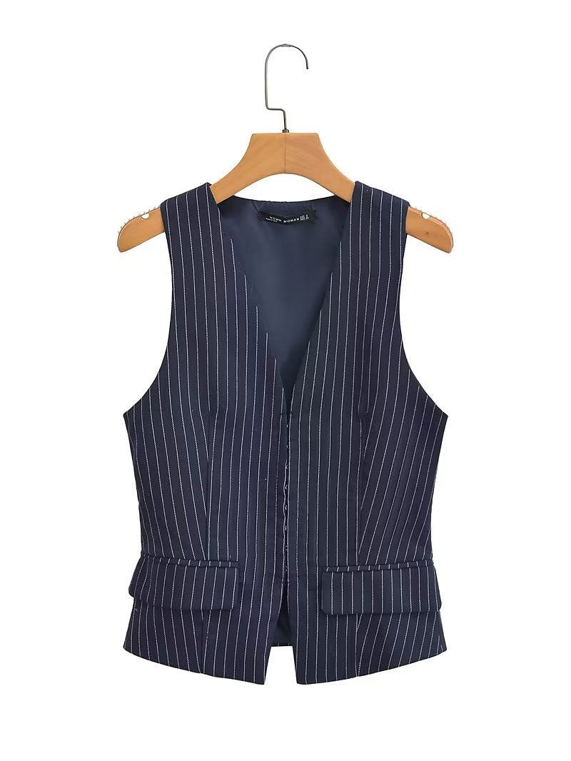 British Elegant Classic Striped Slim Fit Vest Sleeveless Top Office Coat