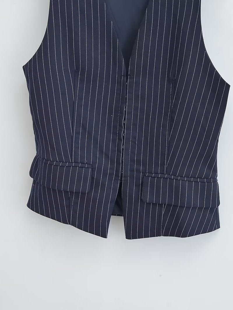 British Elegant Classic Striped Slim Fit Vest Sleeveless Top Office Coat