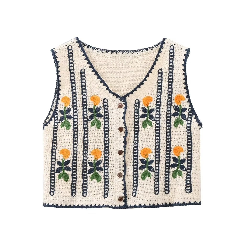 Early Korean Embroidered Knitted Vest Retro All Matching Hollow Out Cutout Out Short Coat Waistcoat