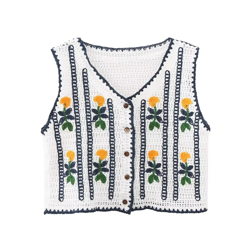 Early Korean Embroidered Knitted Vest Retro All Matching Hollow Out Cutout Out Short Coat Waistcoat