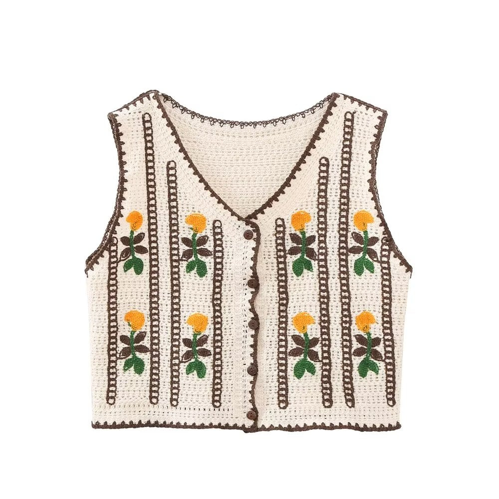 Early Korean Embroidered Knitted Vest Retro All Matching Hollow Out Cutout Out Short Coat Waistcoat