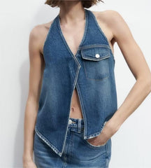 Denim Vest V neck Single Breasted Short Denim Waistcoat Vest