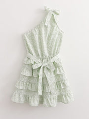 Organza-Kleid mit diagonalen Schultern und kleinen Blumen