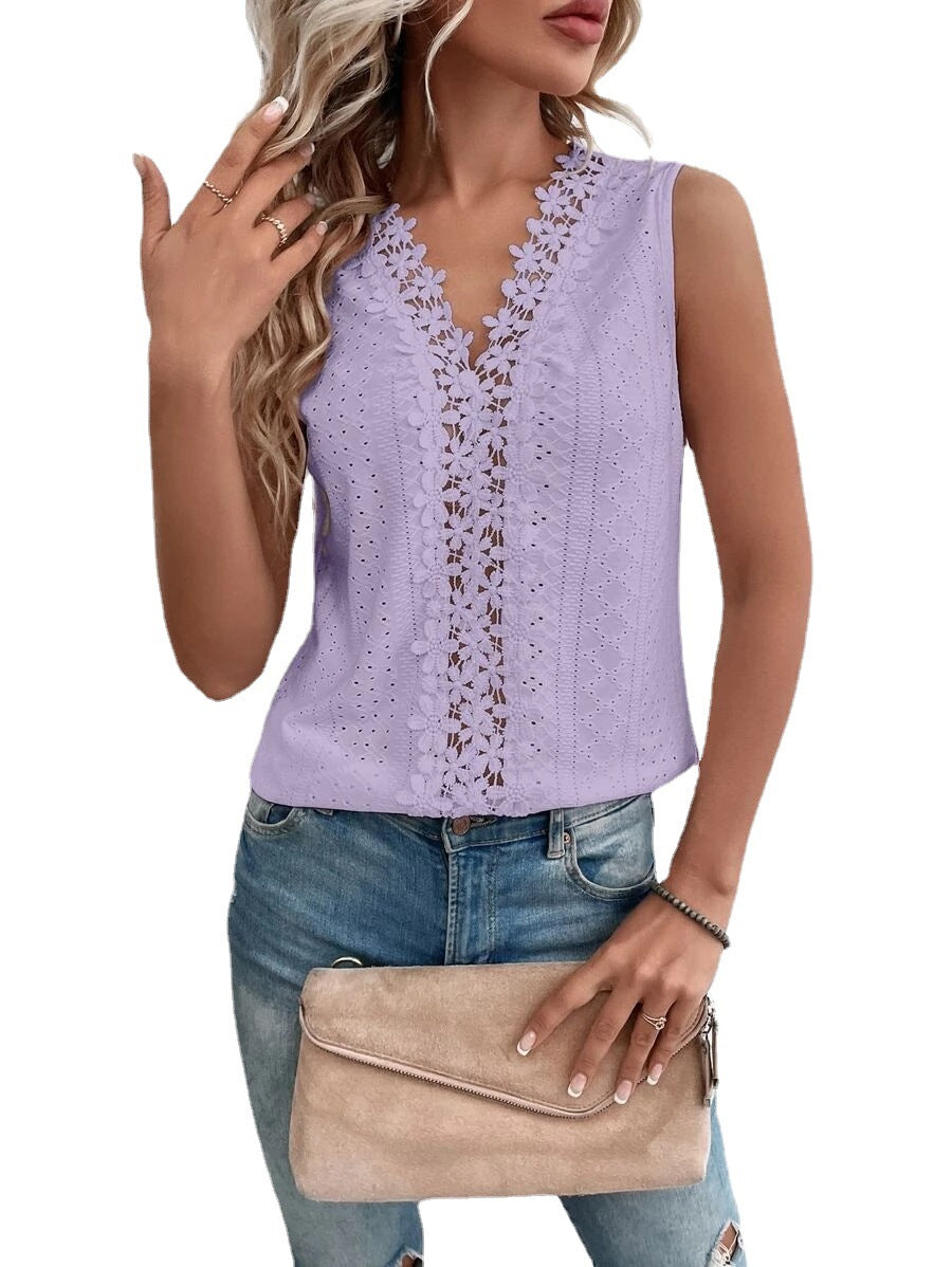 V neck Stitching Hollow Out Lace Vest T Top