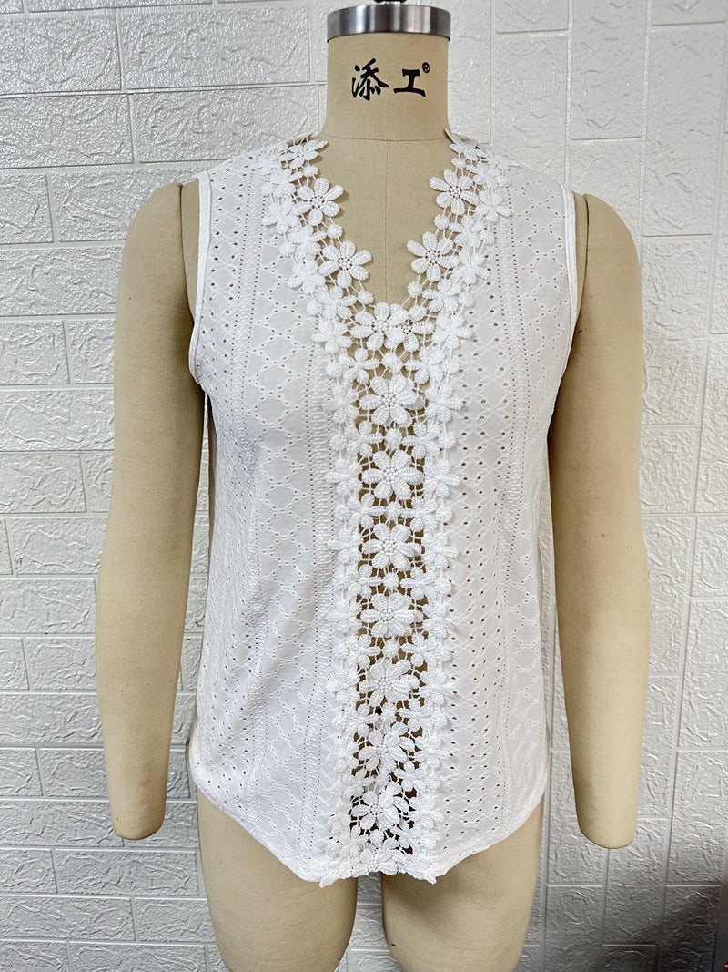 V neck Stitching Hollow Out Lace Vest T Top