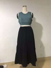 Solid Color Pleated Stitching Elastic High Waist Sheath Skirt