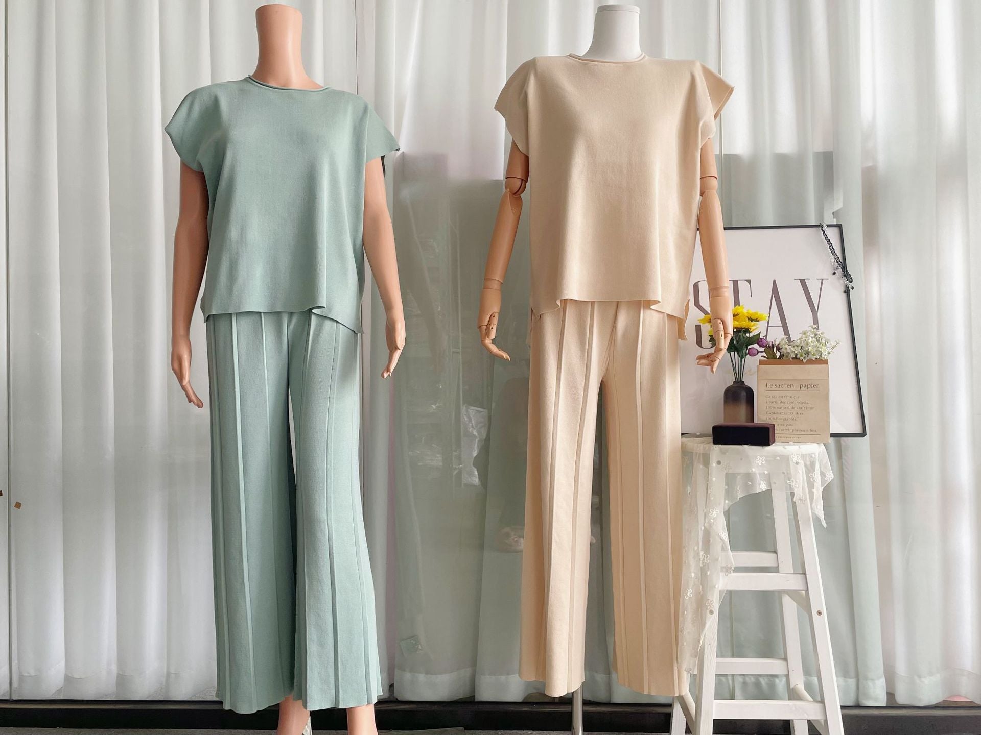 Casual Suit Solid Color Sleeveless Vest Sweater Wide Leg Pants Ice Silk Suit