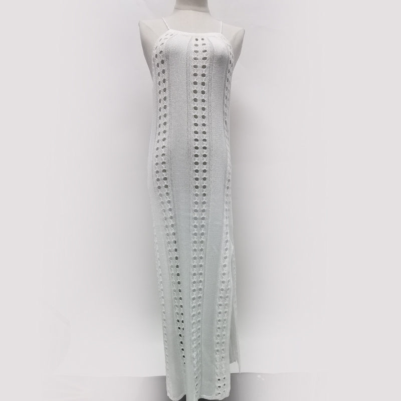 Straps-Strandkleid, einfarbig, ärmellos, gestrickt, ausgehöhlt, Cut-Out, Badeanzug, Urlaub, Strandkleid