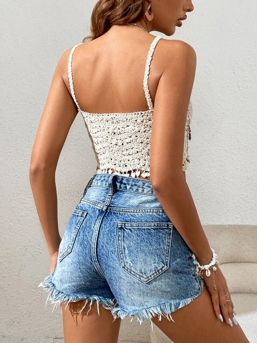 Vacation Colorful Tassel Hanging Beads Hcrocheted Hollow Sling Top