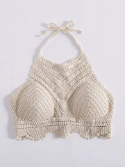 Vacation Crochet Cut Out V Shaped Symmetrical Pattern Strap Shackle Top