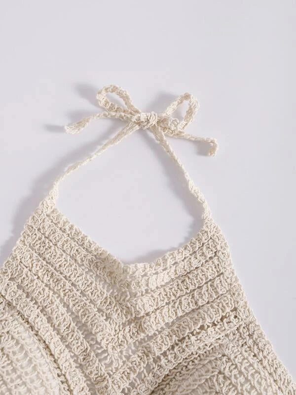 Vacation Crochet Cut Out V Shaped Symmetrical Pattern Strap Shackle Top