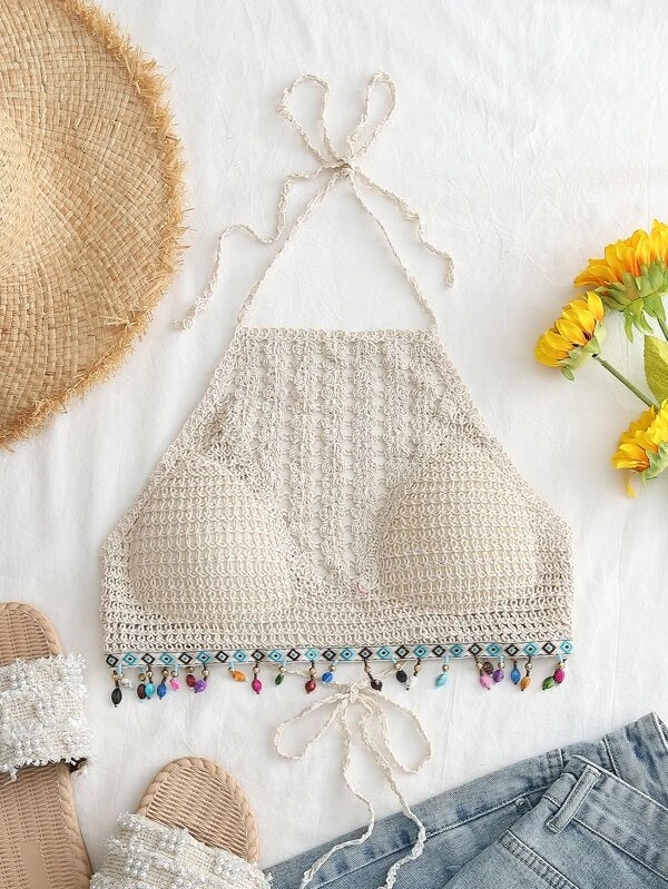 Vacation Crochet Hollow Colorful Streamed Bead Sling Neck Strap Top
