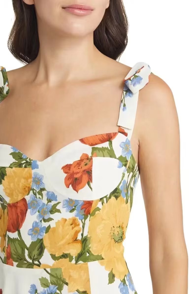 Bedrucktes Kleid Europäisches französisches Midikleid mit Puffärmeln und seitlichem Schlitz