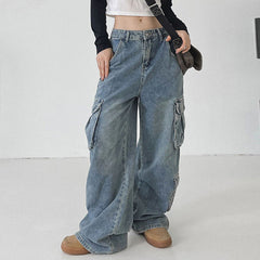 Pantalon droit drapé ample bleu vieilli de Big Workwear avec jeans à poches