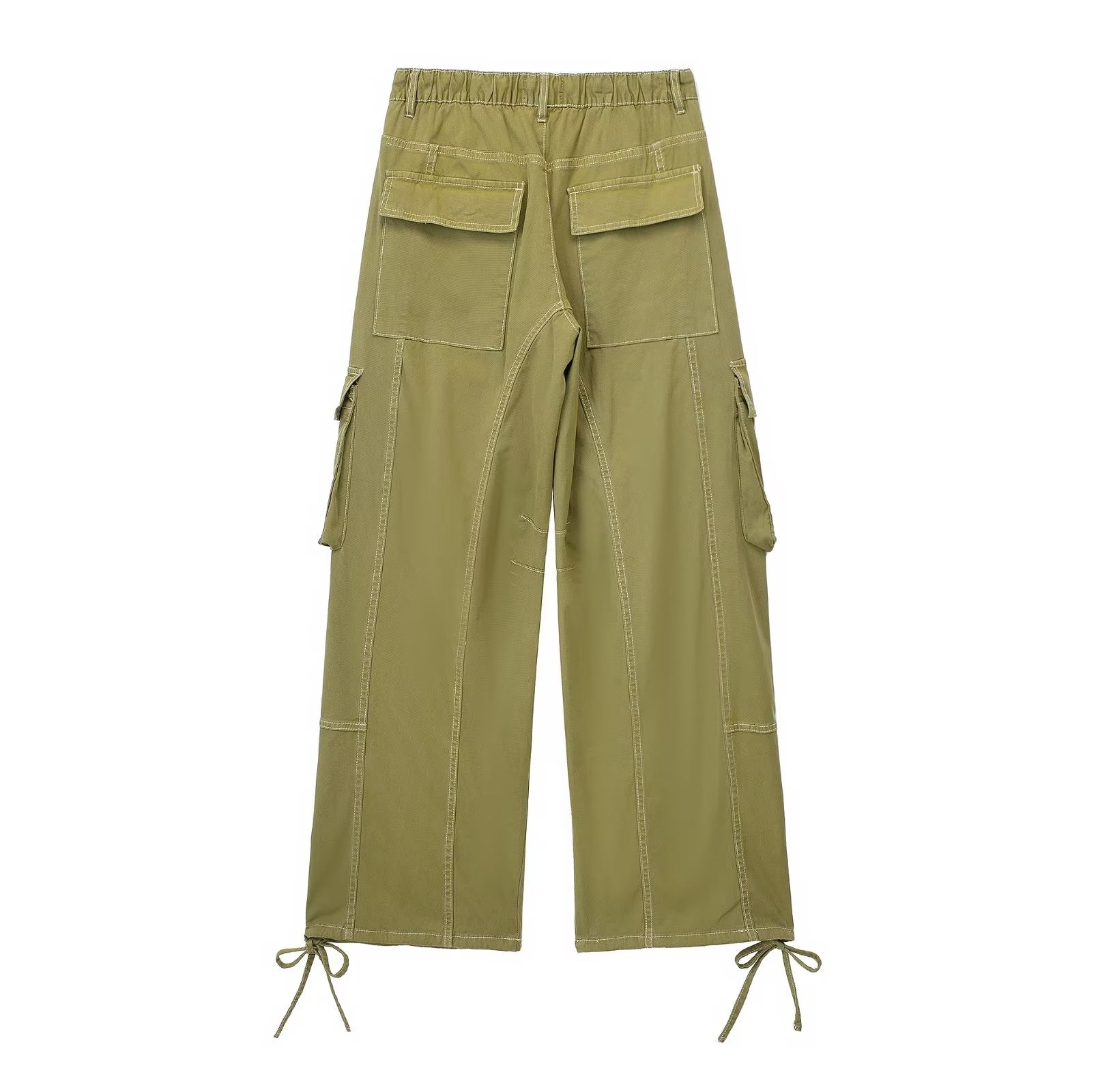 Multi Pocket High Waist Wide Leg Pants Drawstring Decoration Workwear Casual Pants