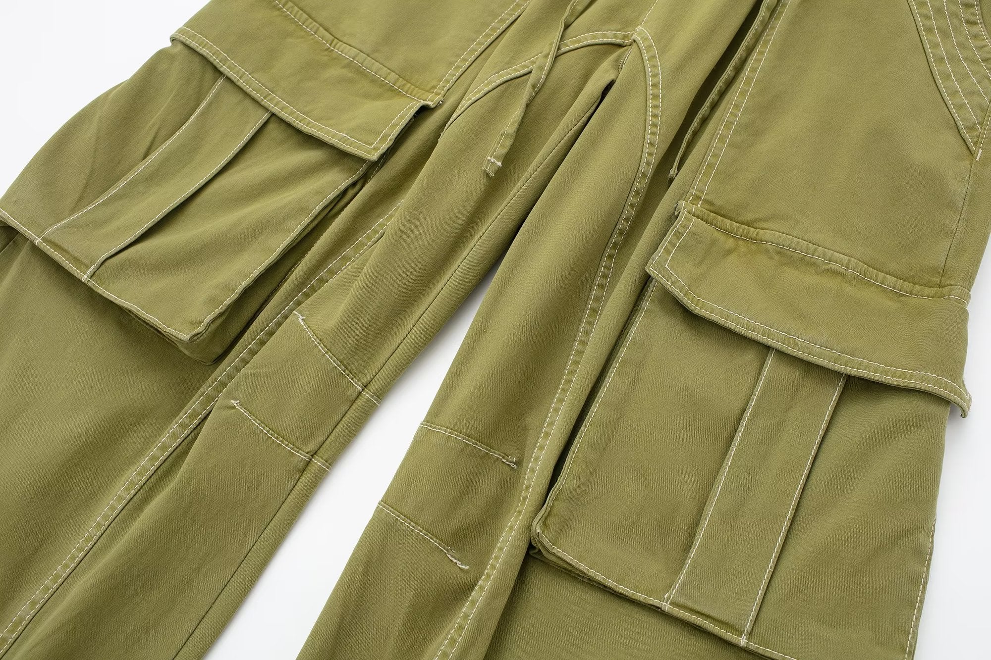 Multi Pocket High Waist Wide Leg Pants Drawstring Decoration Workwear Casual Pants