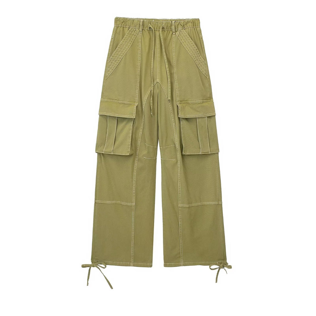 Multi Pocket High Waist Wide Leg Pants Drawstring Decoration Workwear Casual Pants