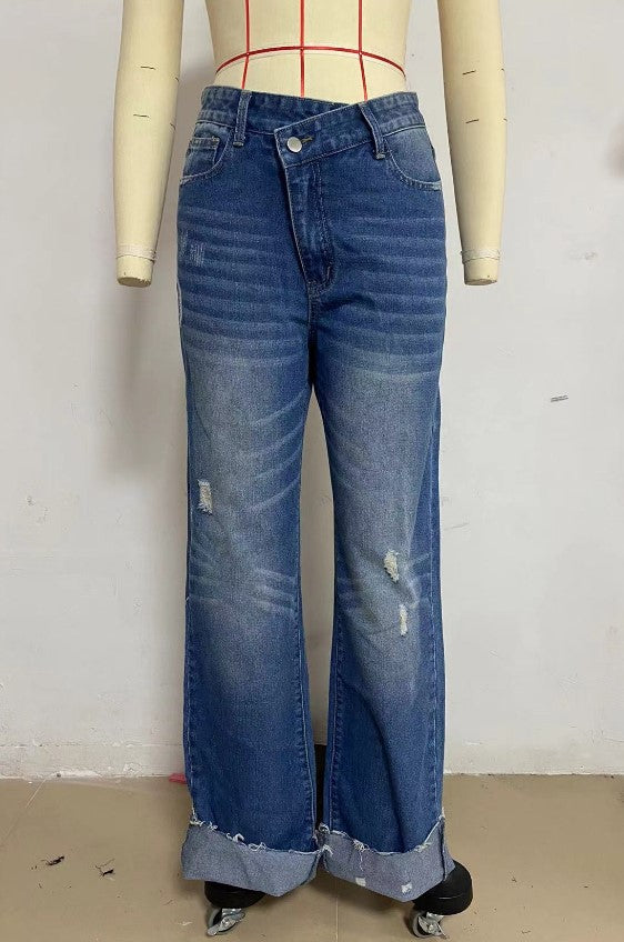 Pantalon slim taille haute pour le bureau, jean à brides