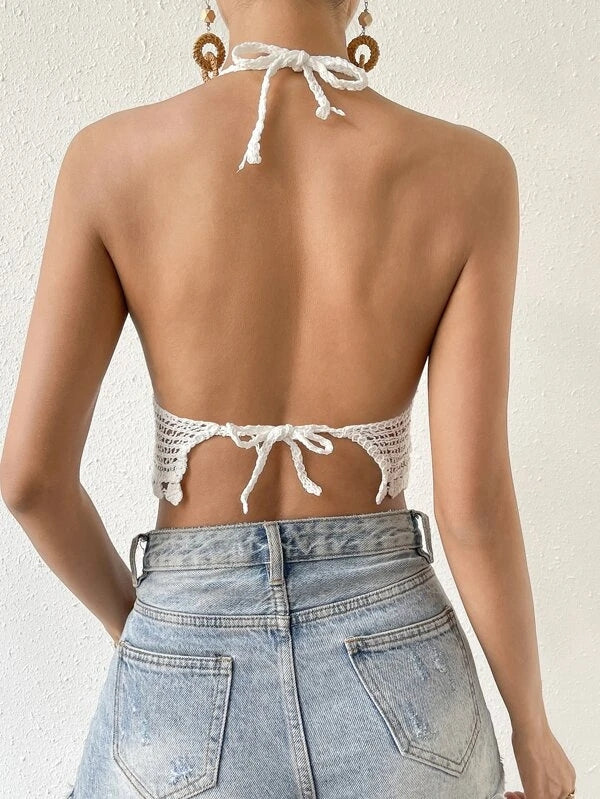 Crocheted Hollow Solid Color Sling Back Strap Top