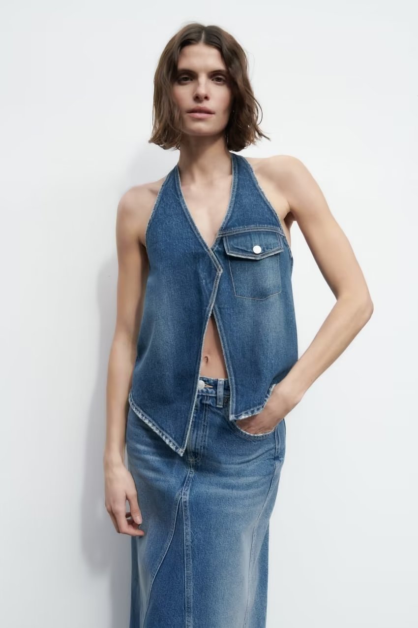 Solid Color Slim Fit Denim Vest Halter Top Asymmetric Vest