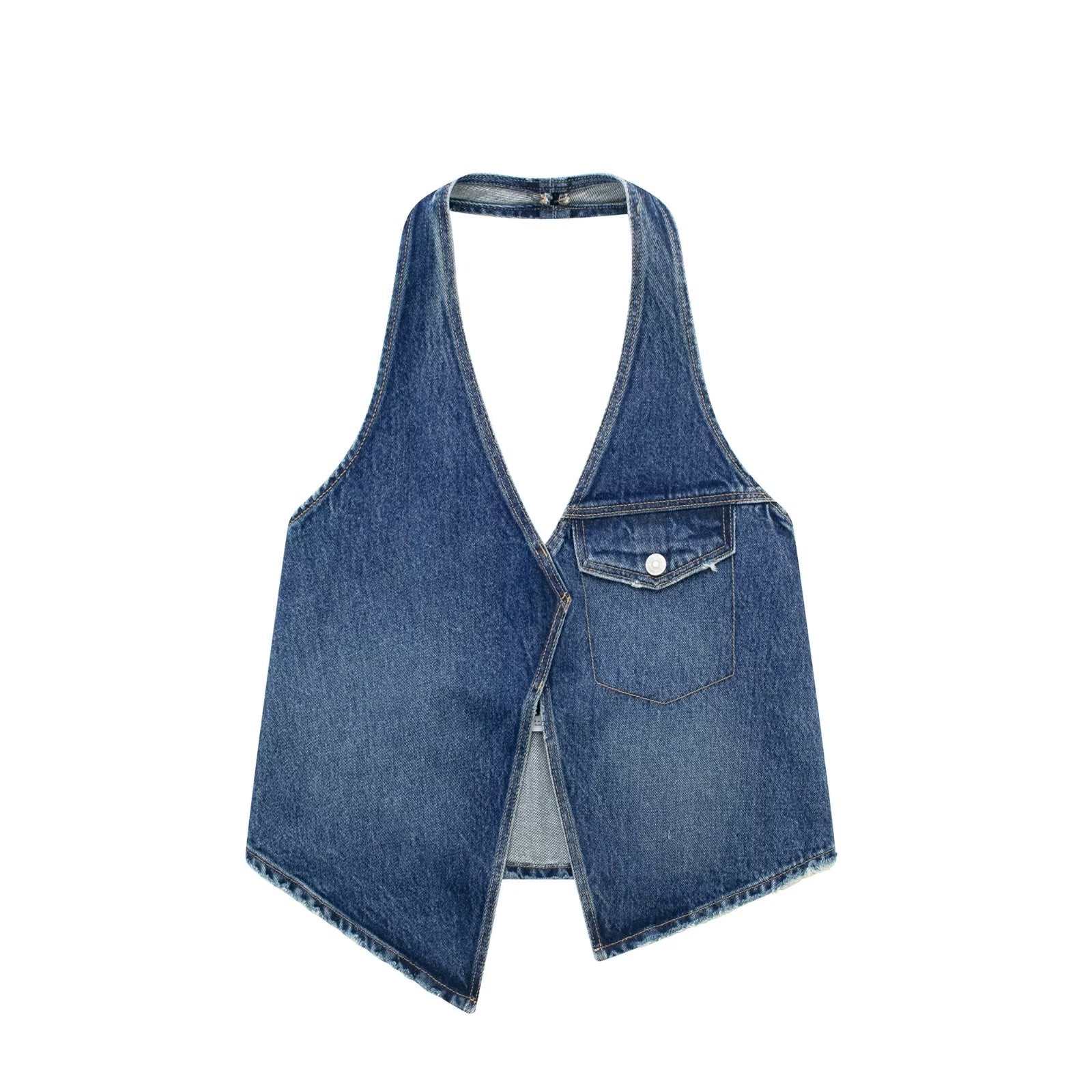 Solid Color Slim Fit Denim Vest Halter Top Asymmetric Vest