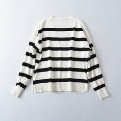 Loose Lapels Polo Shirt Casual Top Vintage Stripe Knitwear Sweater Cardigans