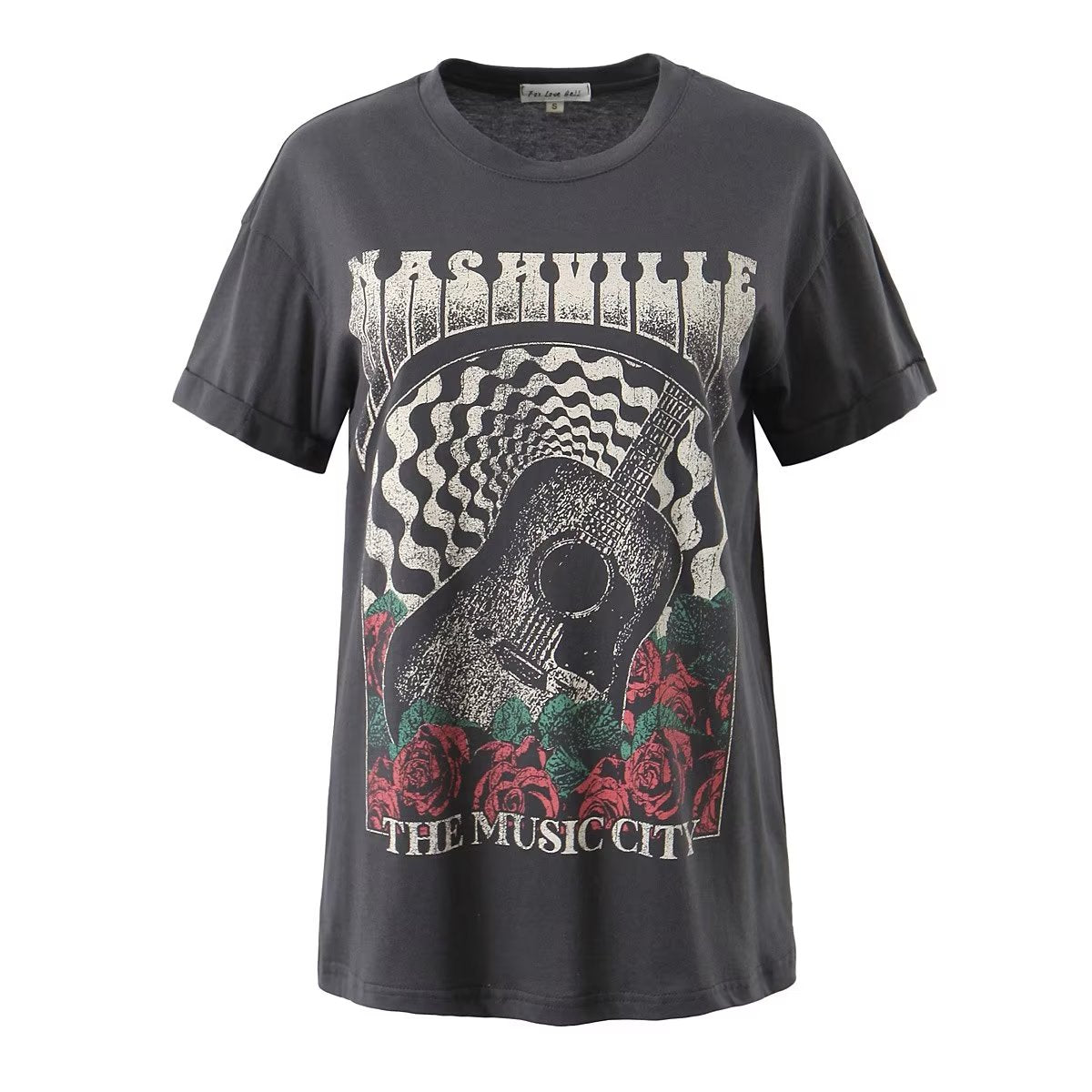 Kleines T-Shirt mit Rundhalsausschnitt, kurzen Ärmeln, locker und groß bedruckt, bequemes Baumwoll-Rose-Retro-Oberteil