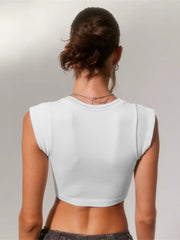 U Collar Short Sleeve Solid Color Knitted Top