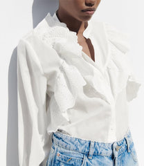 White Ruffled Laminated Decoration Shirt Top