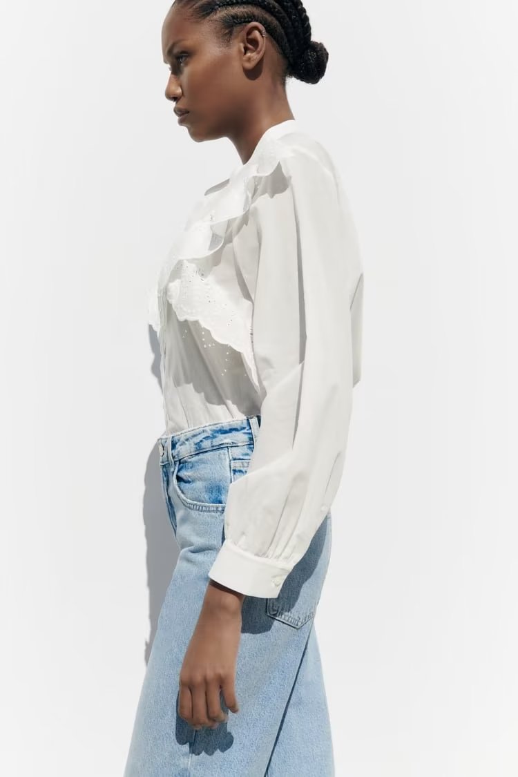 White Ruffled Laminated Decoration Shirt Top