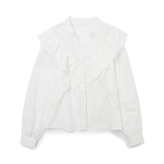 White Ruffled Laminated Decoration Shirt Top