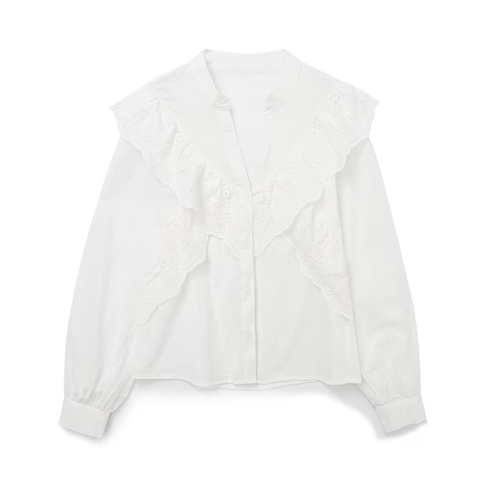 White Ruffled Laminated Decoration Shirt Top