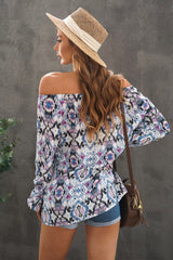 Green Vintage Print Split Neck Blouse