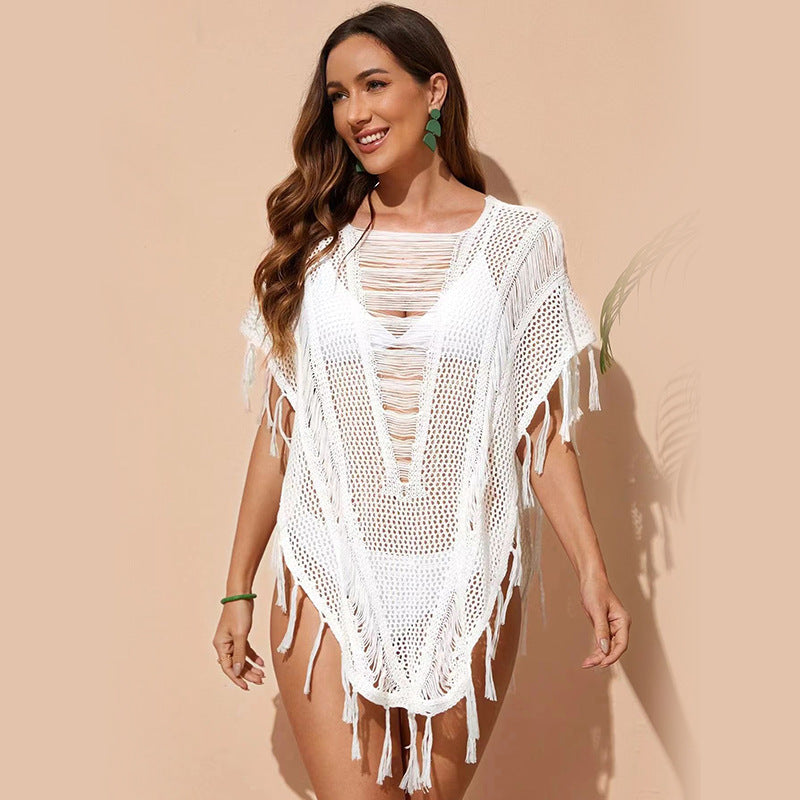 Beach Dress Solid Color Knitted Hollow Out Cutout Beach Bikini Blouse Sun-Protective Fringe