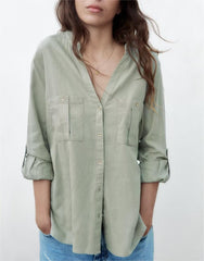 Urban Casual Cotton Linen Pocket Long Sleeve Shirt
