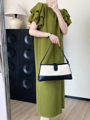 Robe droite verte à manches bouffantes, robe longue ample mi-longue à haute intensité