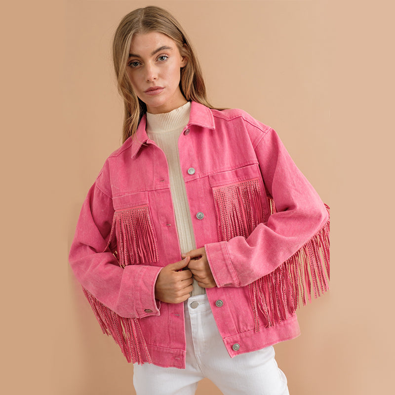 Long Sleeve Denim Collared Tassel Not Easy to Break Loose Coat Shirt