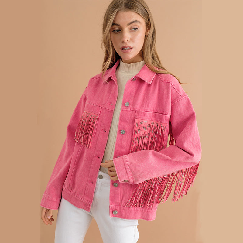 Long Sleeve Denim Collared Tassel Not Easy to Break Loose Coat Shirt