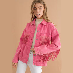 Long Sleeve Denim Collared Tassel Not Easy to Break Loose Coat Shirt