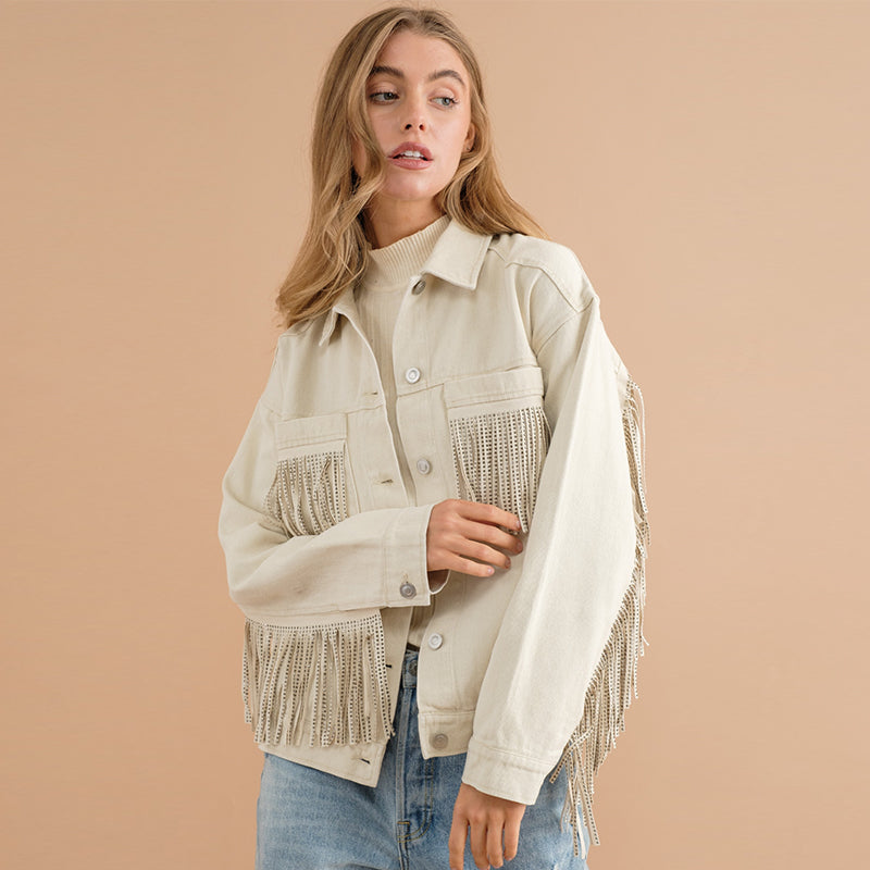 Long Sleeve Denim Collared Tassel Not Easy to Break Loose Coat Shirt