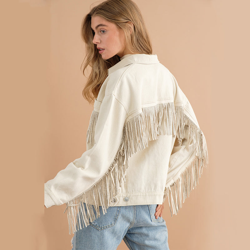 Long Sleeve Denim Collared Tassel Not Easy to Break Loose Coat Shirt