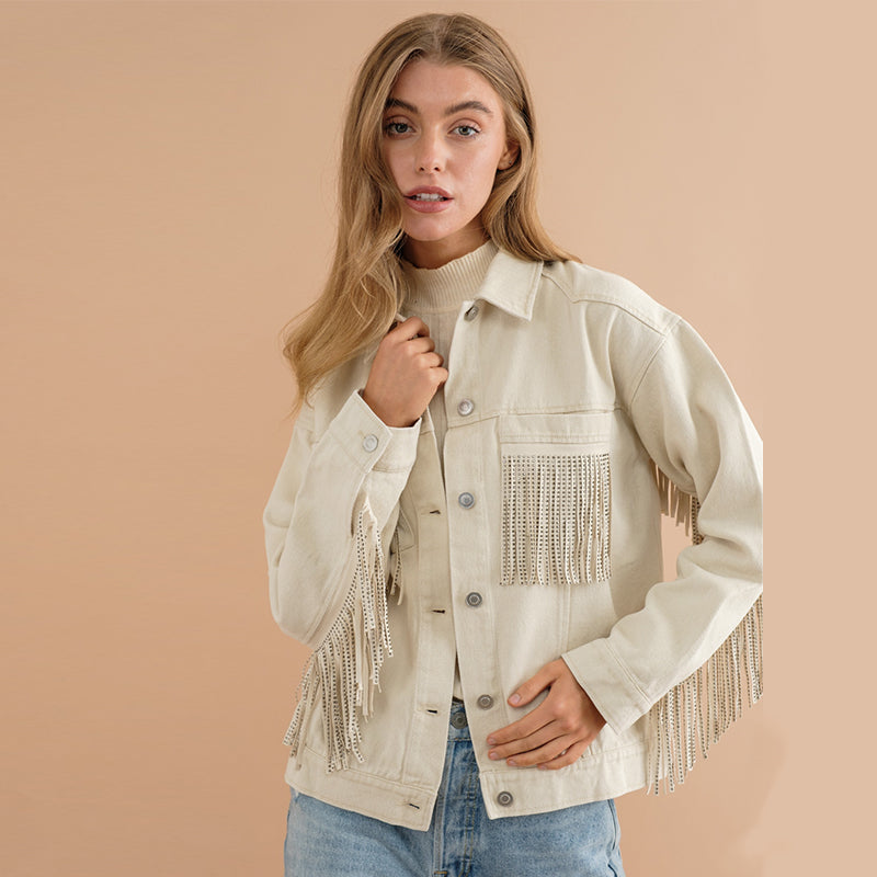 Long Sleeve Denim Collared Tassel Not Easy to Break Loose Coat Shirt