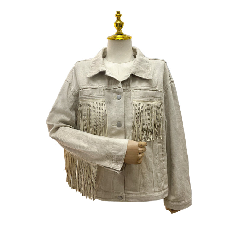 Long Sleeve Denim Collared Tassel Not Easy to Break Loose Coat Shirt