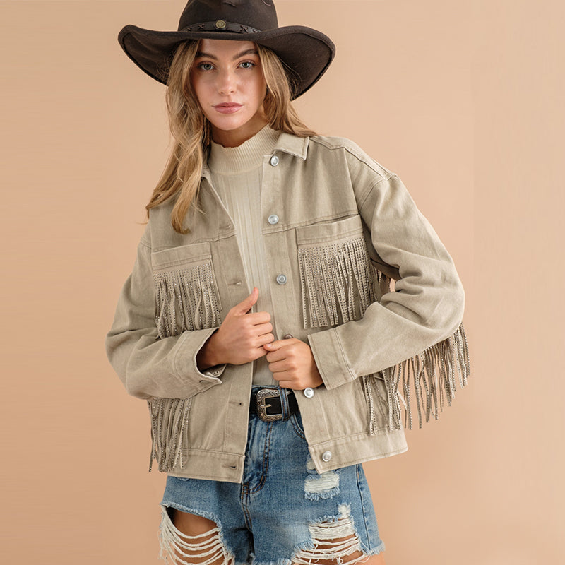 Long Sleeve Denim Collared Tassel Not Easy to Break Loose Coat Shirt