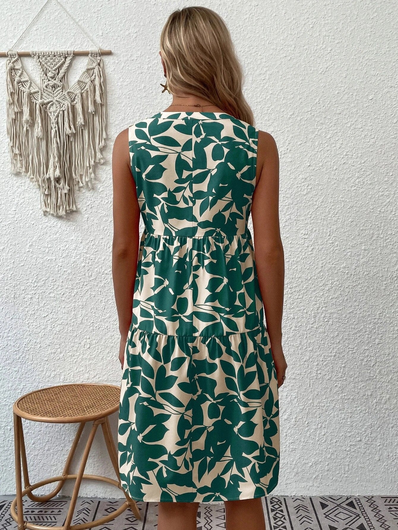 Bohemian Loose V neck Pleated Print Dress