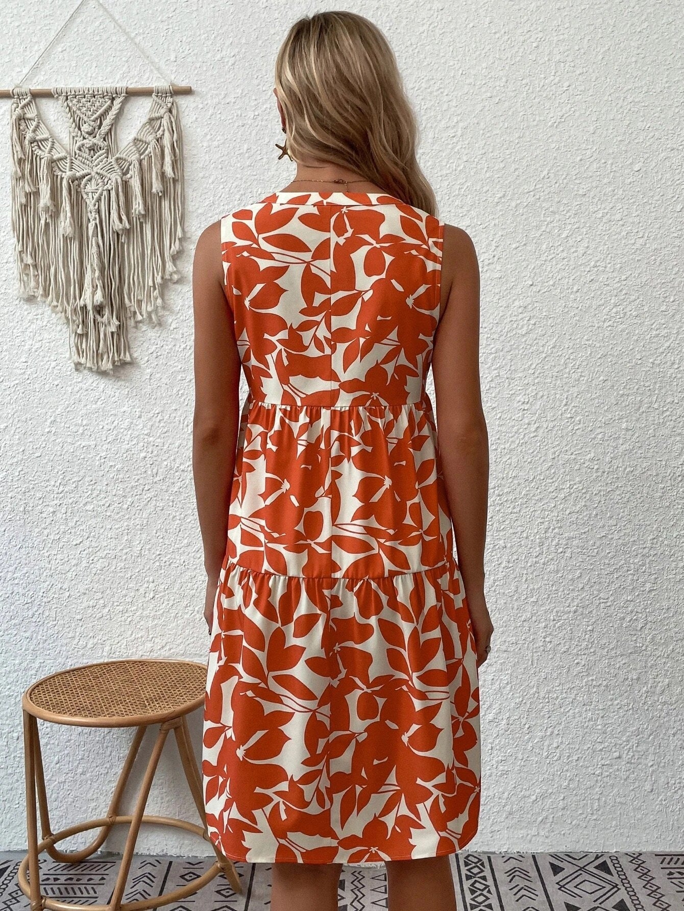 Bohemian Loose V neck Pleated Print Dress