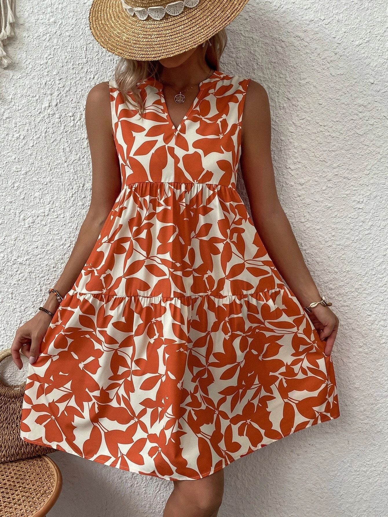 Bohemian Loose V neck Pleated Print Dress