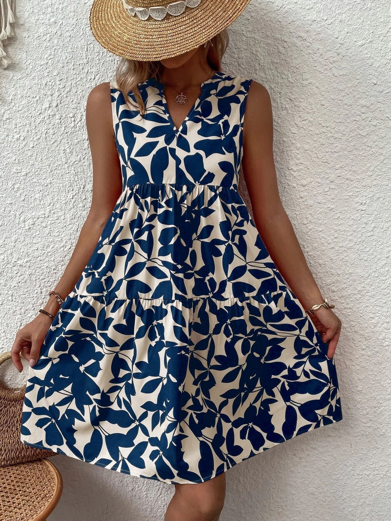 Bohemian Loose V neck Pleated Print Dress